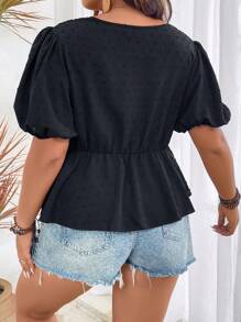 SHEIN Franclia 大碼圓點泡泡袖荷葉邊下擺襯衫 - 黑色 - 查看 2