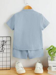 SHEIN Young Boy Button Front Shirt & Shorts Without Tee - Baby Blue - View 2