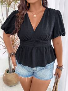 SHEIN Franclia 大碼圓點泡泡袖荷葉邊下擺襯衫 - 黑色 - 查看 6