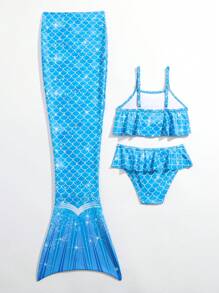 Young Girl Fish Scales Print Layer Trim Mermaid Tail Set - Blue - View 2