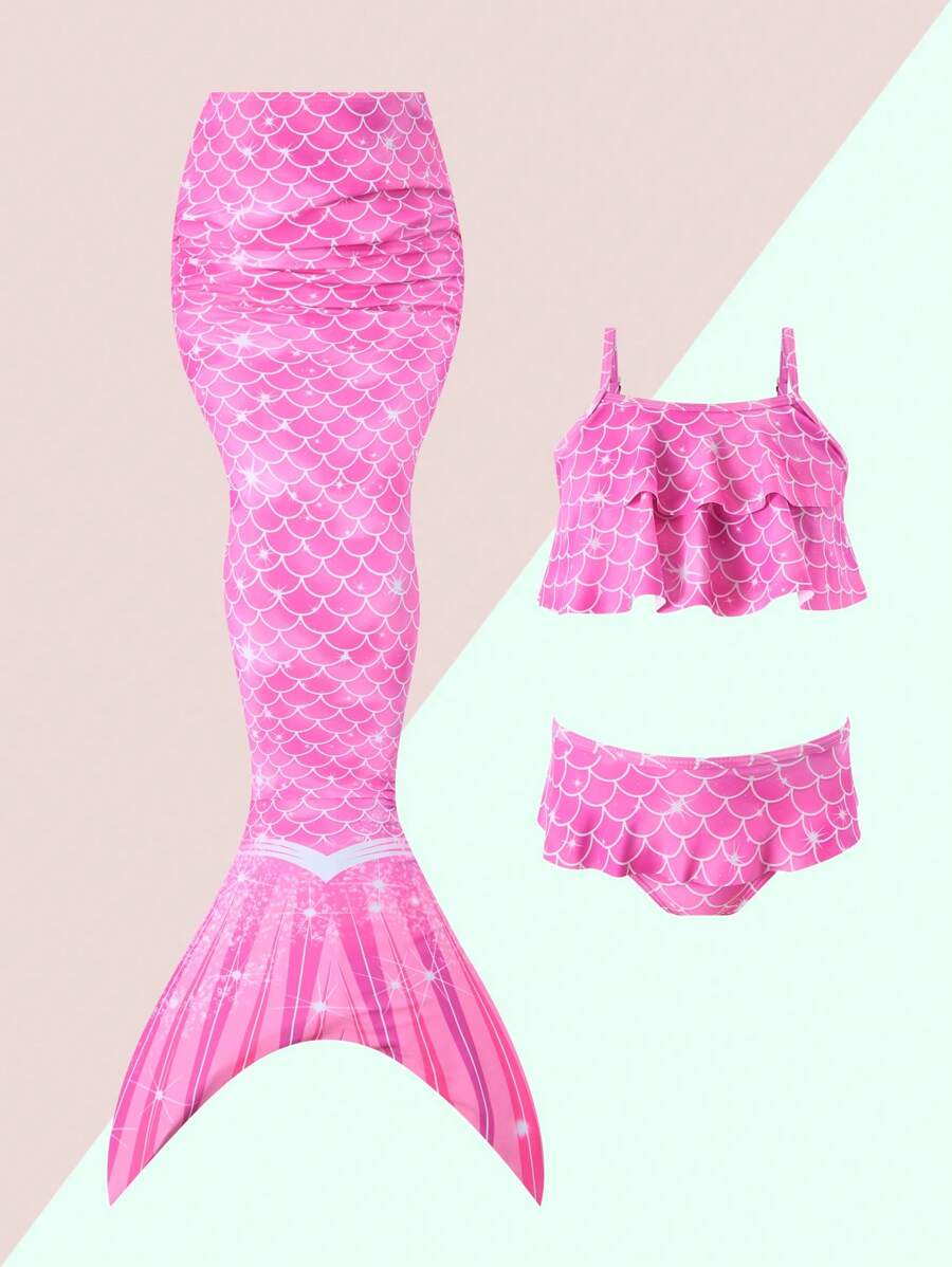 女小童魚鱗圖案美人魚尾巴套裝 - 粉色 - 查看 1