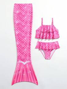 女小童魚鱗圖案美人魚尾巴套裝 - 粉色 - 查看 4