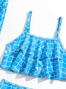 Young Girl Fish Scales Print Layer Trim Mermaid Tail Set - Blue - View 5