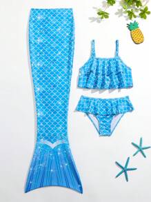 Young Girl Fish Scales Print Layer Trim Mermaid Tail Set - Blue - View 6