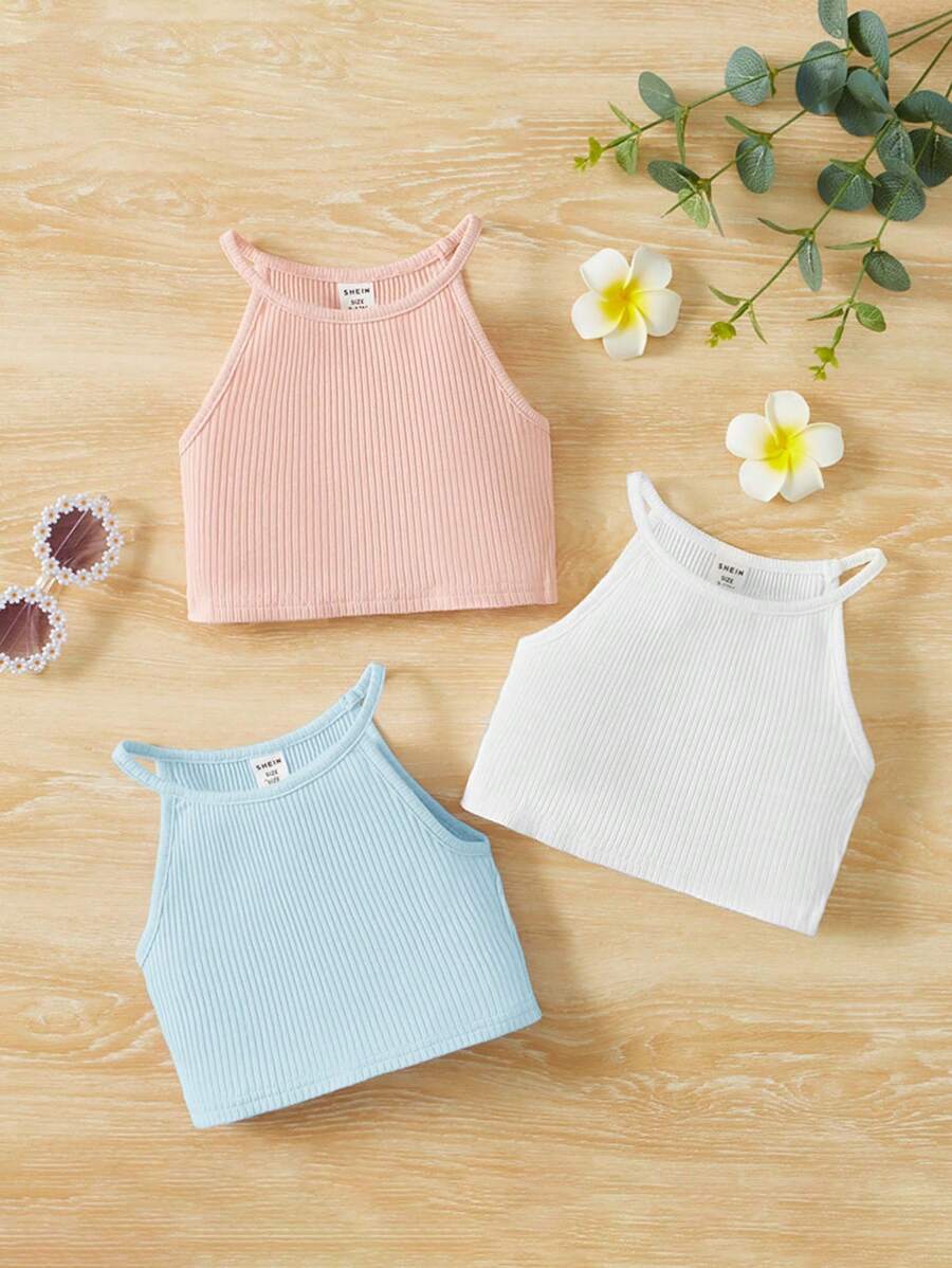SHEIN Baby Girl 3pcs Solid Rib-Knit Halter Casual Tops - Multicolor - View 1