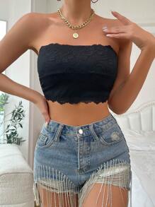 SHEIN Women Casual Black Lace Scallop Trim Strapless Bandeau Bra Top - Black - View 3