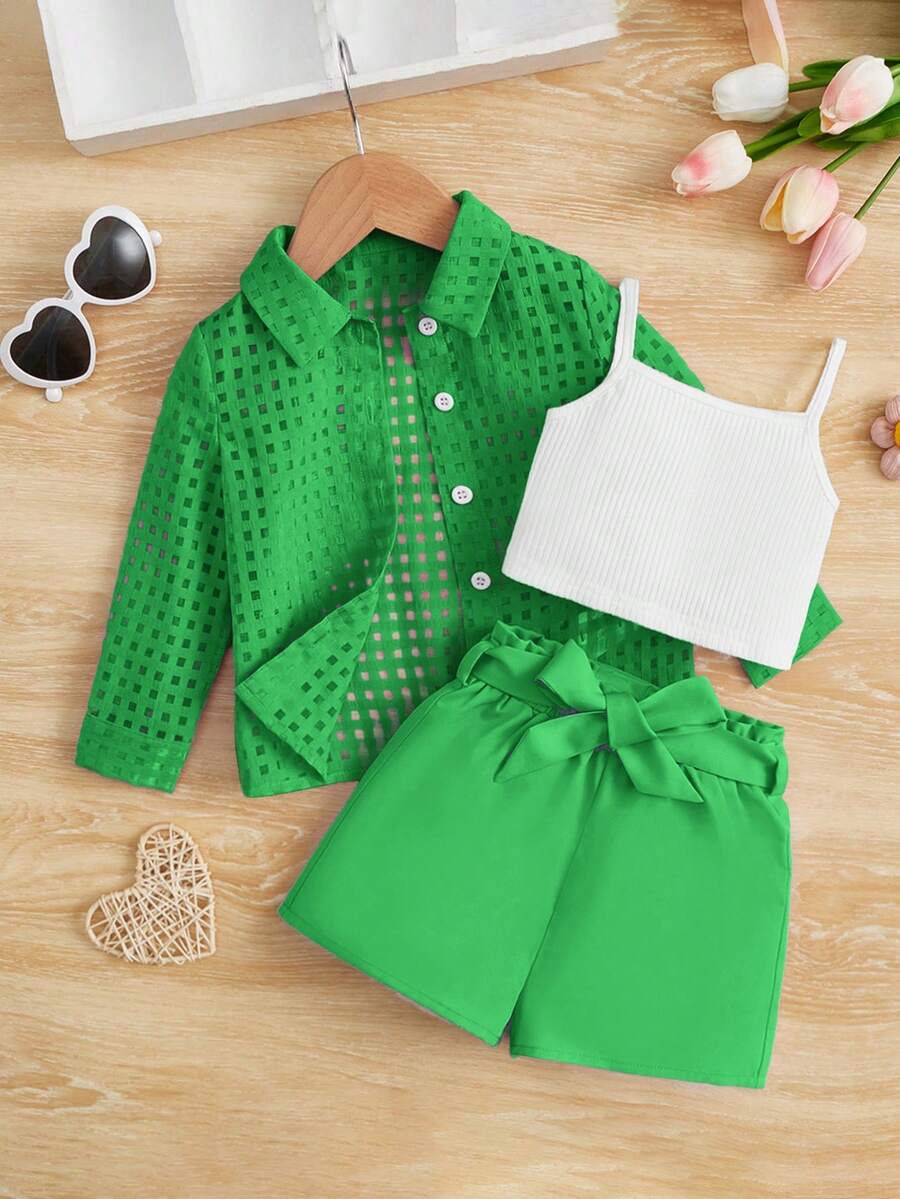 SHEIN 女嬰素色吊帶上衣和紙袋腰附腰帶短褲和前排扣襯衫 - 綠色 - 查看 1