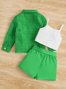 SHEIN 女嬰素色吊帶上衣和紙袋腰附腰帶短褲和前排扣襯衫 - 綠色 - 查看 2