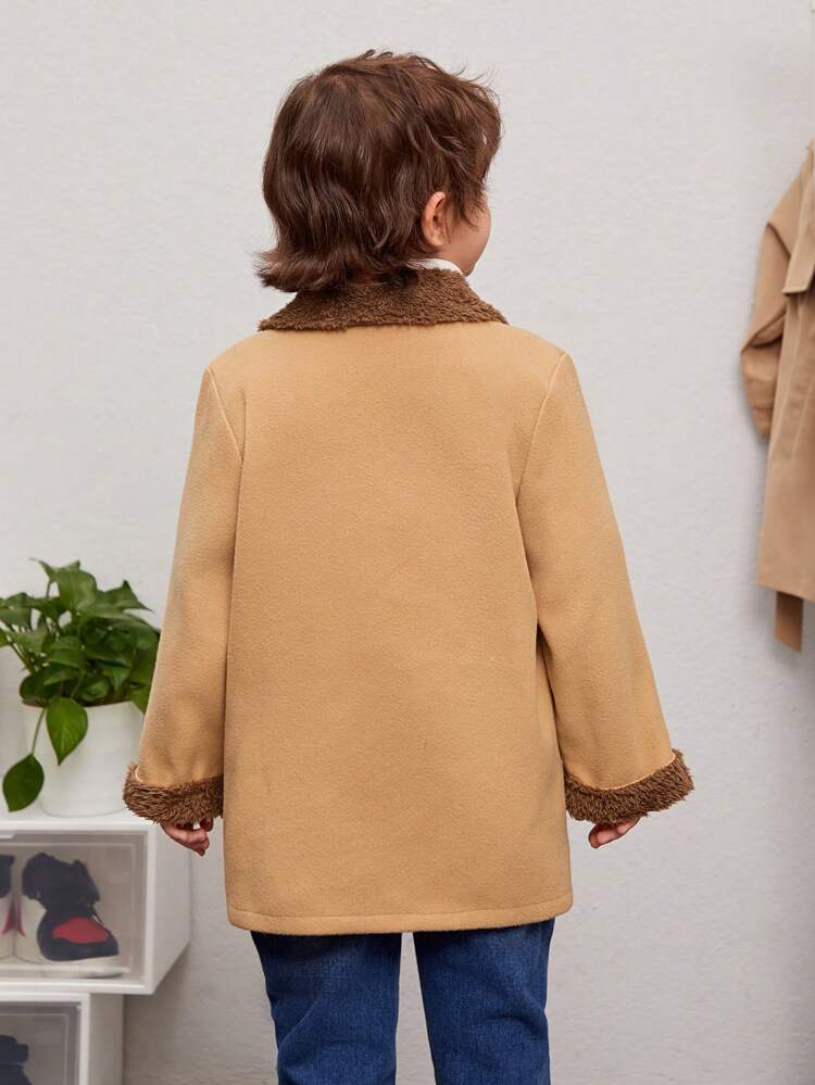 Young Boy Casual Streetwear Style Teddy Bear Lined Coat With Shawl Collar, Loose Fit And Double Pockets, Autumn And Winter