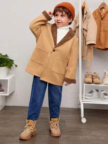 SHEIN Young Boy Casual Streetwear Style Teddy Bear Lined Coat With Shawl Collar, Loose Fit And Double Pockets, Autumn And Winter - Camel - View 4