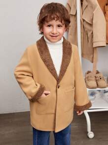 SHEIN Young Boy Casual Streetwear Style Teddy Bear Lined Coat With Shawl Collar, Loose Fit And Double Pockets, Autumn And Winter - Camel - View 3