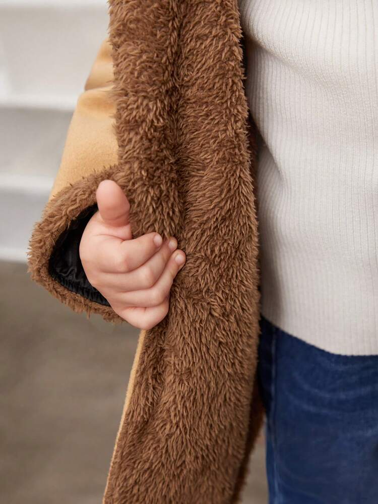 Young Boy Casual Streetwear Style Teddy Bear Lined Coat With Shawl Collar, Loose Fit And Double Pockets, Autumn And Winter