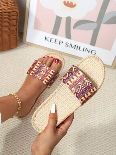 Women Geometric Pattern Bedroom Slippers, Vacation Indoor Home Slippers