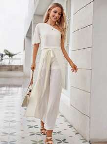 Aveloria One Shoulder Top & Belted Wide Leg Trousers - Beige - View 5