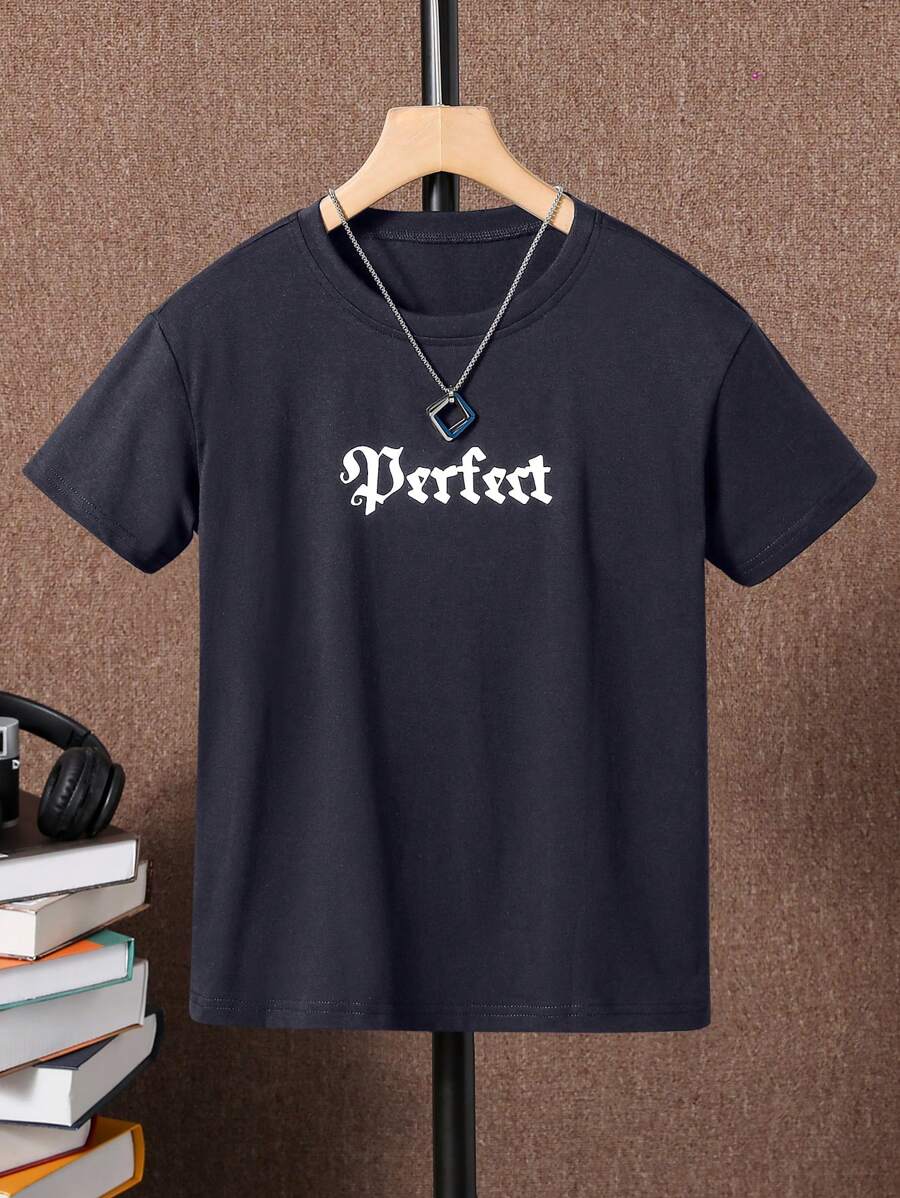 SHEIN 男大童字母圖案T恤 - 黑色 - 查看 1