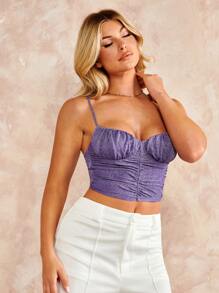 SHEIN BAE 胸部褶皺金屬亮絲吊帶短上衣 - 紫色 - 查看 4