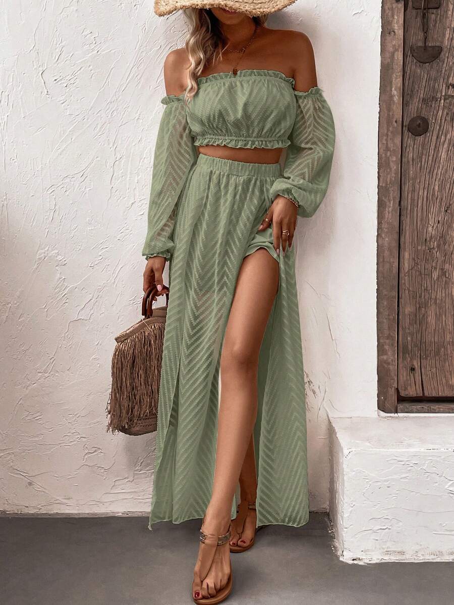 SHEIN VCAY Off Shoulder Lantern Sleeve Crop Top & Split Thigh Skirt - Army Green - View 1