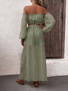 SHEIN VCAY Off Shoulder Lantern Sleeve Crop Top & Split Thigh Skirt - Army Green - View 2