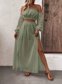 SHEIN VCAY Off Shoulder Lantern Sleeve Crop Top & Split Thigh Skirt - Army Green - View 3