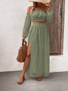 SHEIN VCAY Off Shoulder Lantern Sleeve Crop Top & Split Thigh Skirt - Army Green - View 4