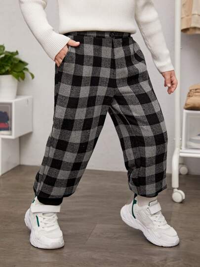 SHEIN Young Boys' Casual, Cute, Street Style, Loose Fit, All-match, Plaid, Warm, Slanted Pocket Trousers For Autumn And Winter