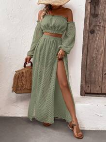 SHEIN VCAY Off Shoulder Lantern Sleeve Crop Top & Split Thigh Skirt - Army Green - View 5