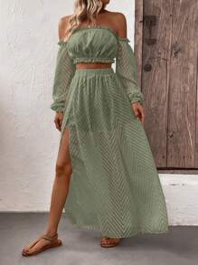 SHEIN VCAY Off Shoulder Lantern Sleeve Crop Top & Split Thigh Skirt - Army Green - View 6