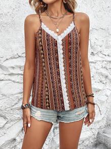 SHEIN VCAY 幾何印花拼接水溶蕾絲吊帶上衣 - 彩色 - 查看 6