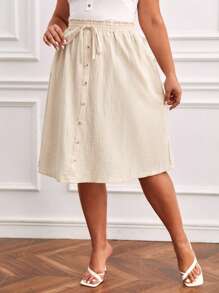 SHEIN Frenchy Hơn Nếp gấp cao eo Nút phía trước Váy - Màu be - Xem 3