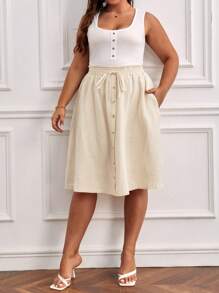 SHEIN Frenchy Hơn Nếp gấp cao eo Nút phía trước Váy - Màu be - Xem 4