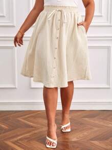 SHEIN Frenchy Hơn Nếp gấp cao eo Nút phía trước Váy - Màu be - Xem 5