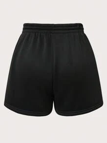 SHEIN EZwear 籃球和字母圖案腰部抽繩短褲 - 黑色 - 查看 2