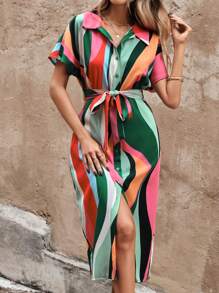 SHEIN LUNE Colourblock Batwing Sleeve Belted Shirt Dress - Multicolor - View 4