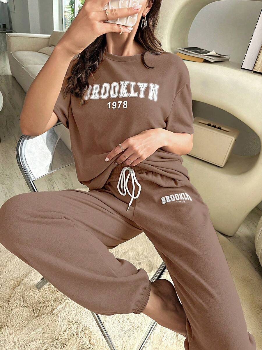 Letter Graphic Drop Shoulder Tee & Drawstring Waist Joggers - Brown - View 1