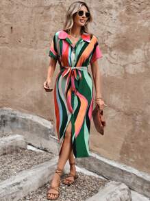 SHEIN LUNE Colourblock Batwing Sleeve Belted Shirt Dress - Multicolor - View 5