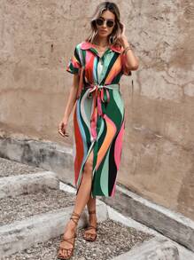 SHEIN LUNE Colourblock Batwing Sleeve Belted Shirt Dress - Multicolor - View 6