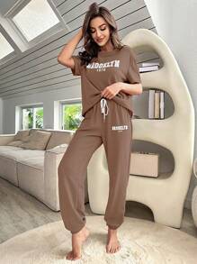 Letter Graphic Drop Shoulder Tee & Drawstring Waist Joggers - Brown - View 4