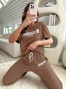 Letter Graphic Drop Shoulder Tee & Drawstring Waist Joggers - Brown - View 5