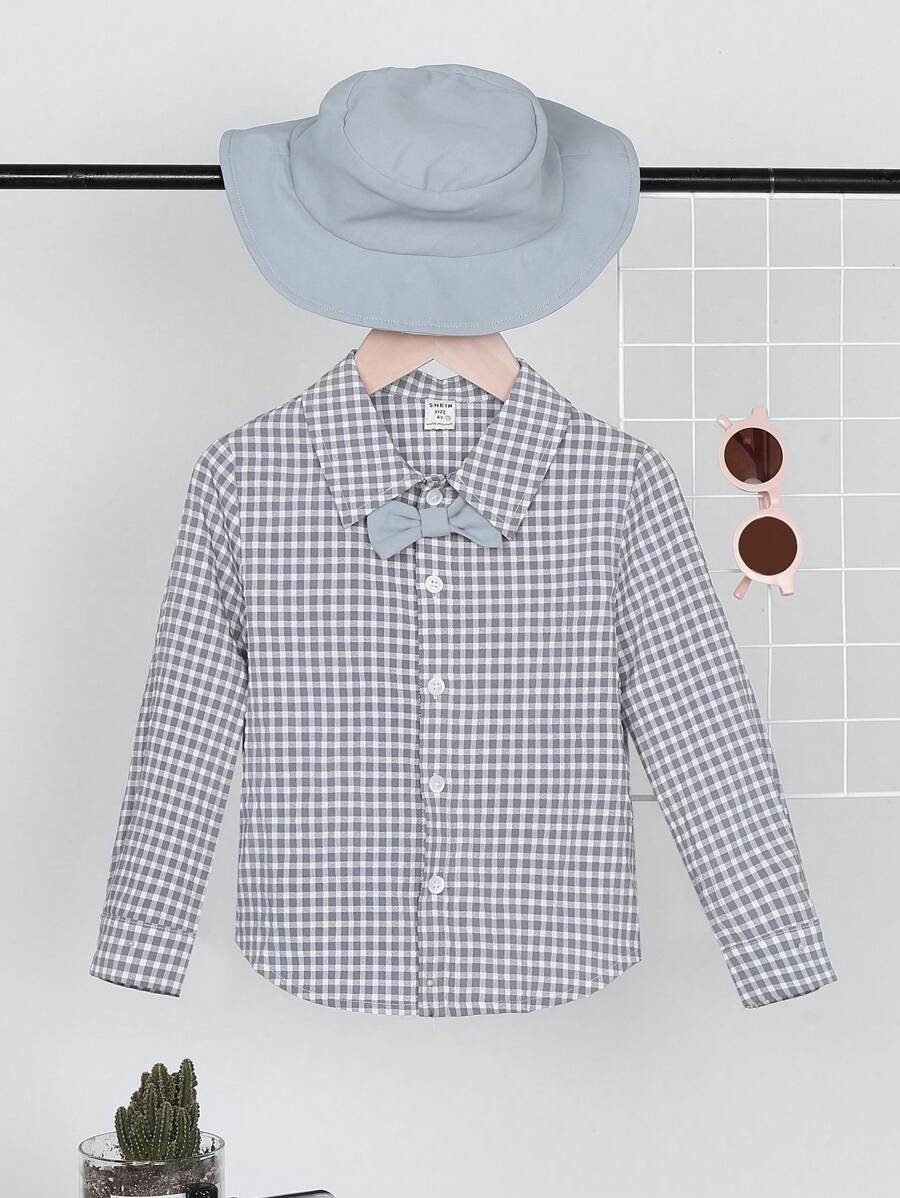 SHEIN 男小童格子圖案前蝴蝶結襯衫附帽子 - 彩色 - 查看 1