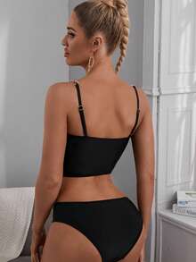 Chuỗi Dây đeo Nếp gấp Phần Ngực Bộ đồ bơi Bikini - màu đen - Xem 2