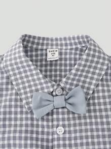 SHEIN 男小童格子圖案前蝴蝶結襯衫附帽子 - 彩色 - 查看 5