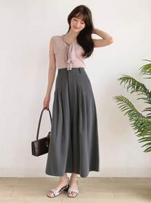 DAZY High Waist Plicated Detail Wide Leg Trousers - Grey - View 7