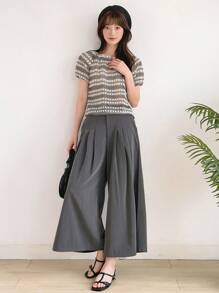 DAZY High Waist Plicated Detail Wide Leg Trousers - Grey - View 9