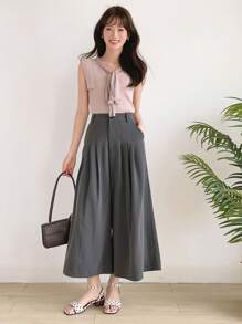 DAZY High Waist Plicated Detail Wide Leg Trousers - Grey - View 10
