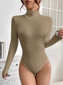 SHEIN PETITE Chất rắn Cổ cao Áo liền quần thun - màu xanh lá - Xem 1