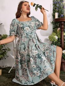 Breezaya Vestido largo con estampado floral, cuello cuadrado y mangas abullonadas para mujer de talla grande