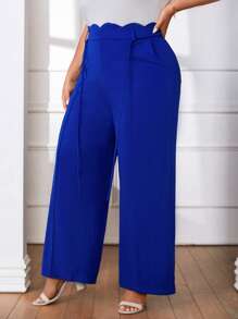 SHEIN Privé Hơn Cắt vỏ sò Quần ống rộng - Xanh đậm - Xem 3