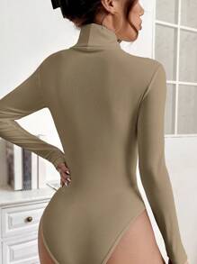 SHEIN PETITE Chất rắn Cổ cao Áo liền quần thun - màu xanh lá - Xem 2