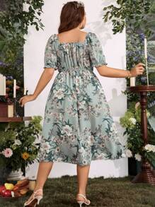 Breezaya Vestido largo con estampado floral, cuello cuadrado y mangas abullonadas para mujer de talla grande