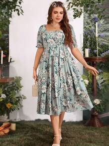 Breezaya Vestido largo con estampado floral, cuello cuadrado y mangas abullonadas para mujer de talla grande
